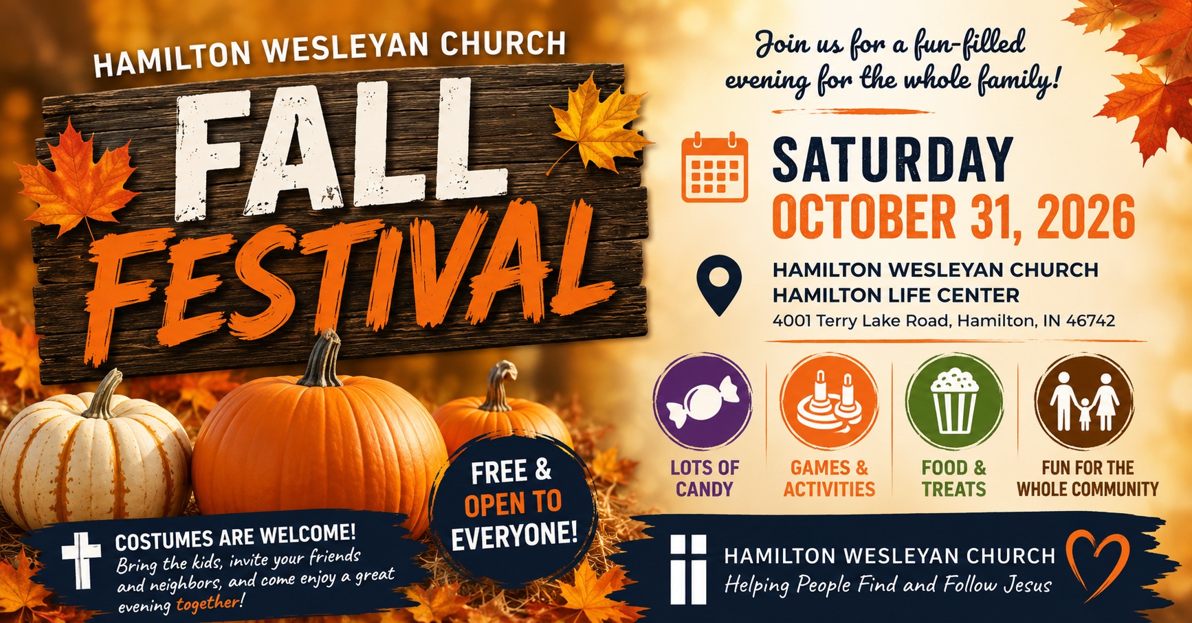 Hamilton Wesleyan Church Fall Festival invitation for October 31, 2026